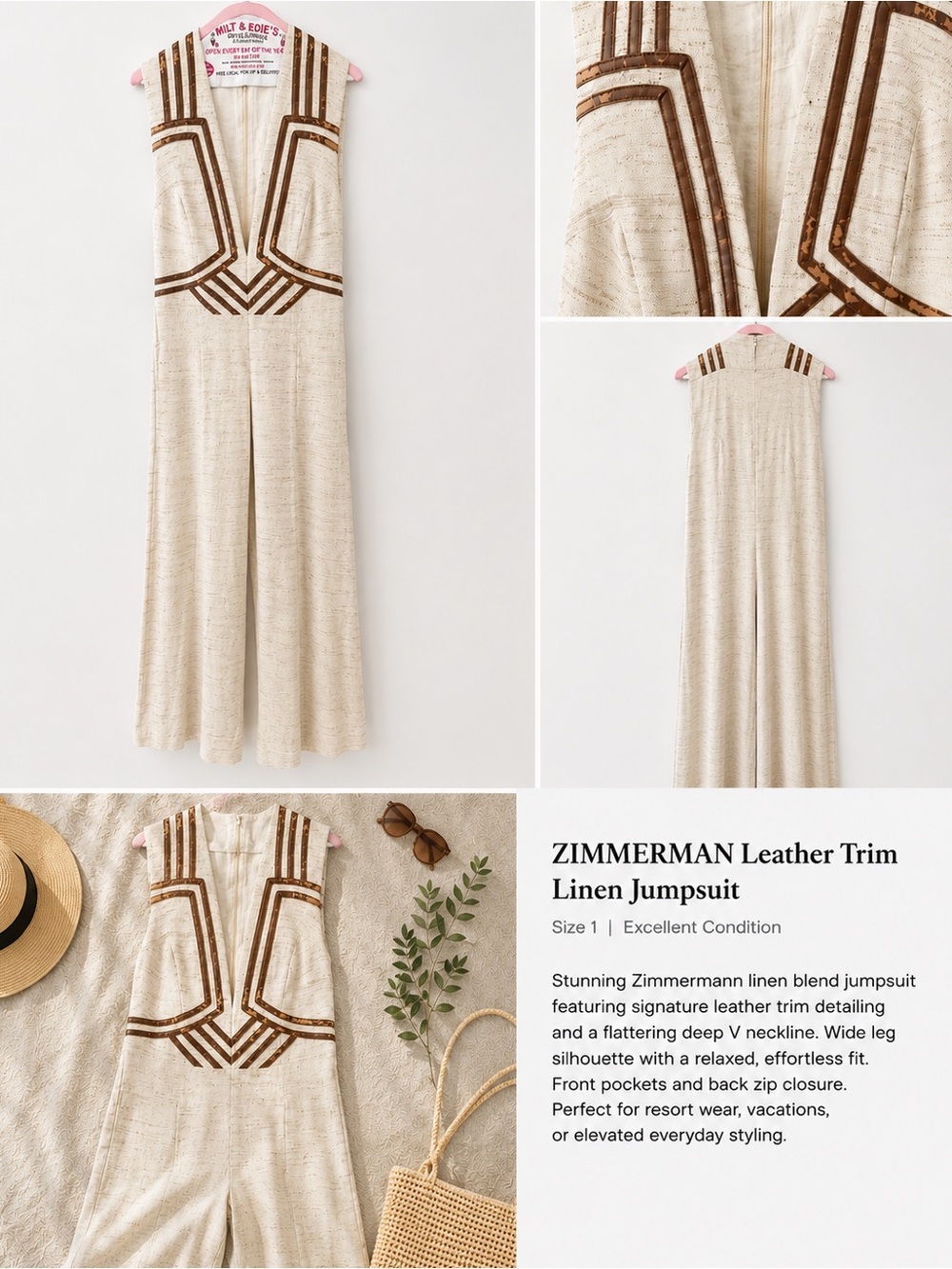 Zimmermann Cream Linen Blend Jumpsuit with Brown Leather Trim Accents